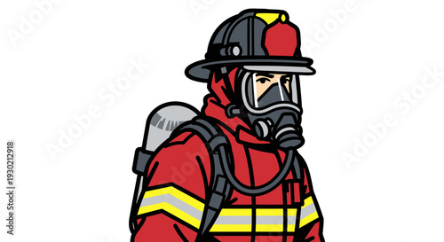 Professional Firefighter in Full Gear Wearing Helmet and Respirator for Emergency Rescue Operations