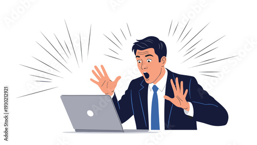 Shocked businessman sitting at his laptop computer with his mouth open and hands raised in a gesture of extreme surprise and disbelief.