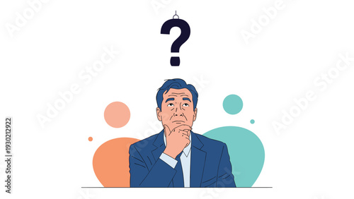 Pensive businessman in a suit with his hand on his chin looking upwards with a large question mark over head representing a tough choice.