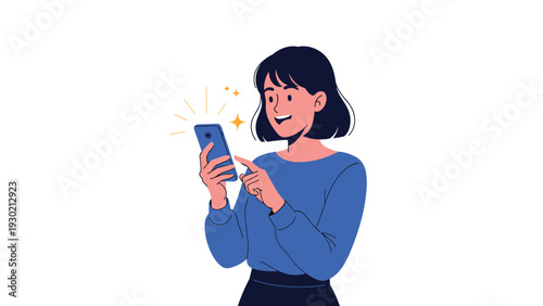 Happy young woman with short black hair holding her smartphone and smiling with a glowing spark icon suggesting she received good news.