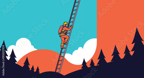 Rescue Worker Climbing a Steep Ladder in a Mountain Wilderness Scene Featuring Trees and Cloudy Sky