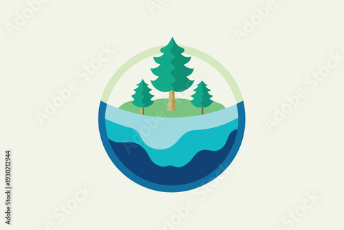 Stylized circular illustration of a small forested island with layered water, symbolizing nature, conservation, sustainability and ecosystem protection in a modern, minimal flat-design icon.