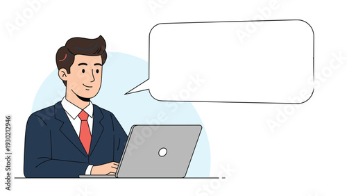 Friendly businessman in a dark suit sitting at his laptop computer and looking forward with a large blank speech bubble for custom text.