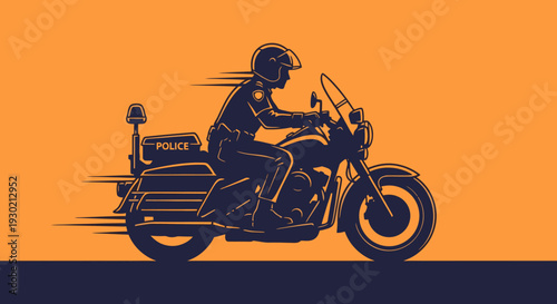 Silhouette of a Police Officer Riding a Motorbike During Nighttime Pedal Response with Emergency Equipments on an Orange Background