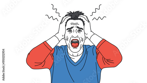 Stressed man in a blue and red shirt screaming and holding his head with both hands representing a painful headache or extreme pressure.