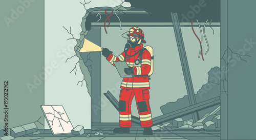 Resilient Firefighter in a Collapsed Building Using a Torch to Search for Survivors Amid Structural Damage