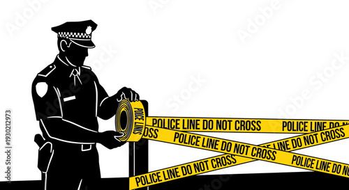 Silhouette of a police officer securing a crime scene with yellow caution tape, symbolizing law enforcement, investigation, and public safety measures