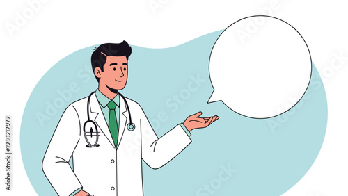 Friendly male doctor in a white coat with a stethoscope around his neck gesturing with one hand toward a large blank circular speech bubble.