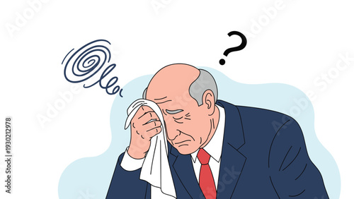 Senior businessman in a suit wiping sweat from his forehead with a handkerchief while looking confused with a question mark and spiral.