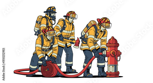 Team of Firefighters in Full Gear Extinguishing a Fire with Equipment and Fire Hydrant