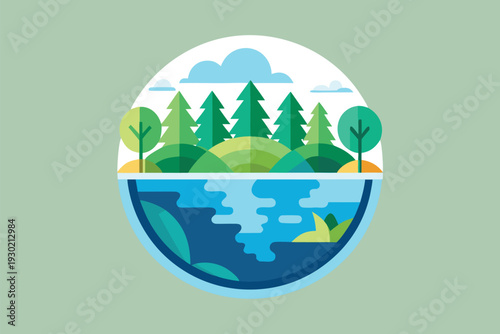 Stylized flat illustration of a green forest and lake scene with rolling hills, pine trees and calm water conveying nature, ecology, outdoor peace and environmental conservation concepts.