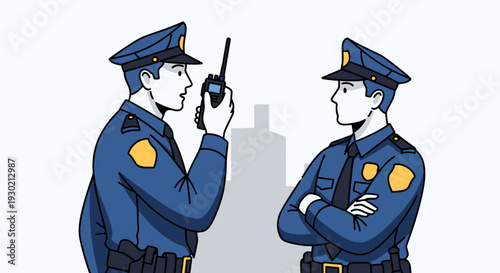 Two Police Officers Communicating with a Handheld Radio Device in Uniform, Law Enforcement Conversation on Duty, Security Personnel Collaboration, Public Safety Scene