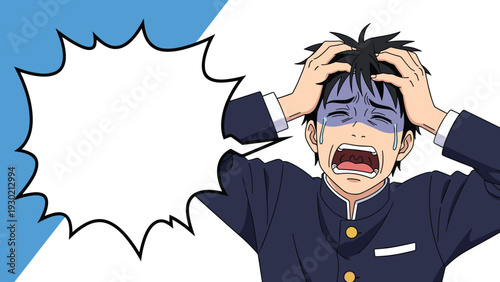 Desperate male student in a black uniform crying and holding his head in distress next to a large jagged white speech bubble for text.