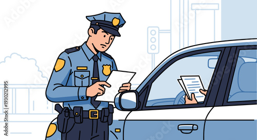 Traffic Police Officer Checking Documents at Roadside During Traffic Control Operation