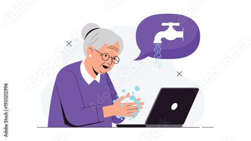 Healthy senior woman wearing glasses sitting at her laptop computer and washing her hands with soap bubbles under a thought bubble faucet.
