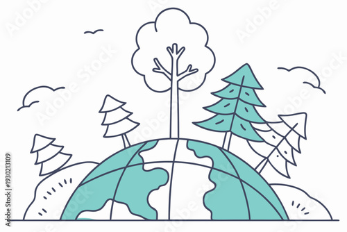 Whimsical line-art illustration of a globe with trees sprouting from its surface, conveying environmental protection, sustainability, forest conservation and a playful approach to global ecology.