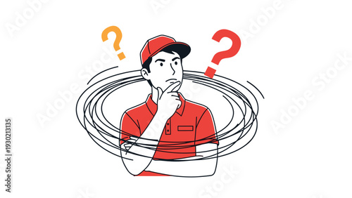 Confused delivery man in a red uniform and cap touches his chin while thinking surrounded by swirls and question marks.