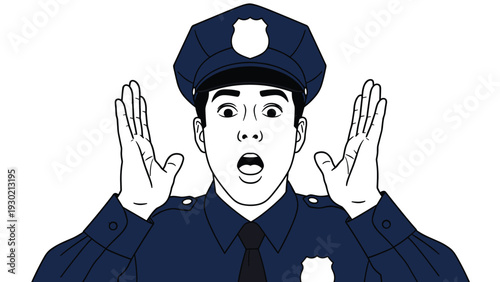 Surprised policeman in a blue uniform shows a shocked facial expression with his mouth open and hands raised in disbelief.