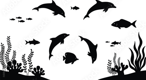 Black silhouette illustration of dolphins and fish swimming together in a coral reef underwater marine life scene