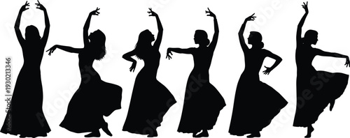 Silhouette of Spanish Flamenco Dancer in Elegant Traditional Dress Performing Passionate Rhythmic Dance Poses Isolated on White Background Cultural Art Concept Female Performance