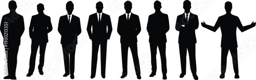Diverse group of businessman silhouettes in formal suits standing against a white background, representing teamwork and corporate success