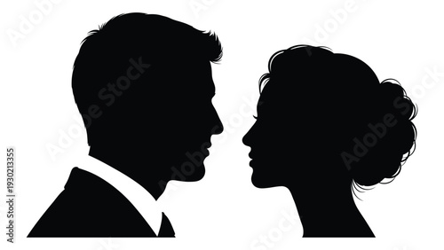 A black silhouette of a man and woman facing each other isolated on white background, Vector