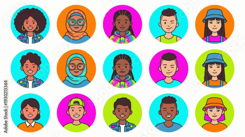 A grid of 15 diverse cartoon avatars of young people, featuring various ethnicities, genders, and styles, each depicted as a bust shot within a vibrant colored circle.