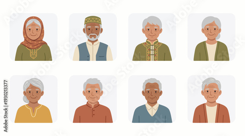 Eight diverse elderly people avatars, including men and women, with various traditional and casual clothing, smiling.