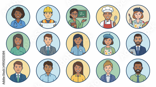 A collection of diverse avatar icons representing various professions and people from different walks of life, including doctors, chefs, teachers, and business professionals.