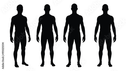 Four black silhouettes of human figures standing in a row isolated on white background, Vector