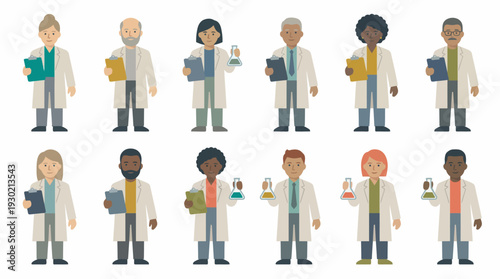 Diverse group of cartoon scientists and lab professionals in lab coats holding various scientific tools.
