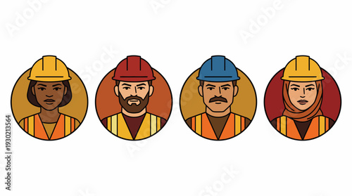 Four diverse construction workers or engineers wearing hard hats and safety vests, depicted as avatars.
