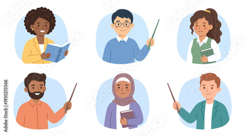 Diverse group of cartoon teachers or educators smiling and holding books or pointer sticks, representing education professionals.