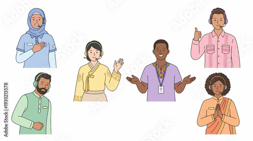 Diverse group of customer service representatives wearing headsets and making various gestures, illustrating global support.