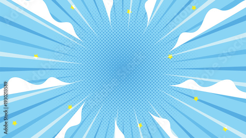 Blue comic pop art background with cloud, dynamic radial burst , and retro halftone style.
