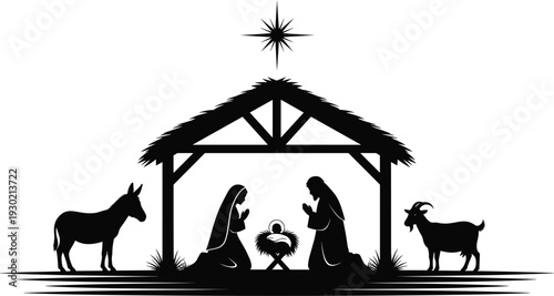 Nativity Scene Silhouette Vector Illustration Featuring Holy Family with Animals in Stable Under Starry Sky for Christmas Design Background