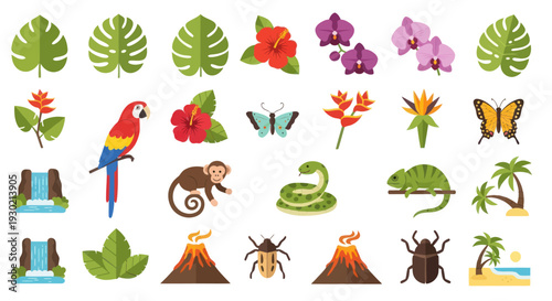 Tropical Icon Set: Vibrant Collection of Flora Fauna and Landscape Elements.