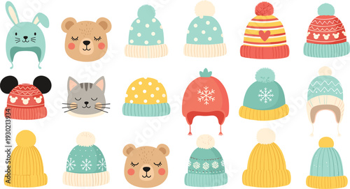 Playful winter illustration featuring colorful hats with stripes, snowflakes, pom-poms, and cartoon animal faces including rabbit, bear, cat, and mouse in festive seasonal design