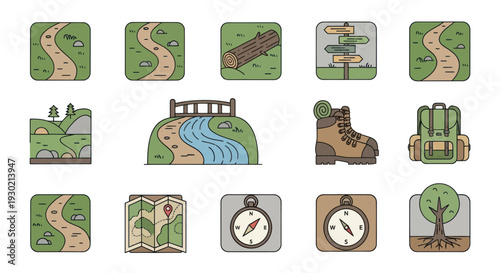 Collection of Outdoor Adventure and Hiking Icons.