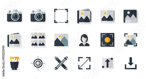 Flat vector icon set for photography image editing and gallery applications including camera crop and download symbols.