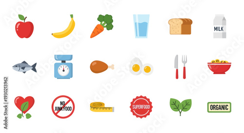 Colorful Healthy Food and Diet Icons Collection for Nutrition.