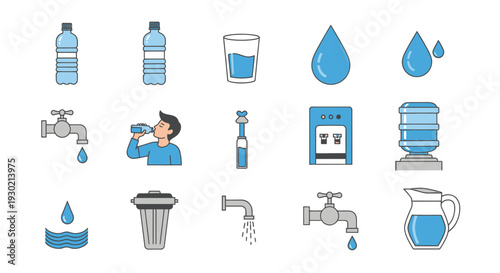 Cartoon Illustrations of Water Bottles Taps and Drinking for Hydration.
