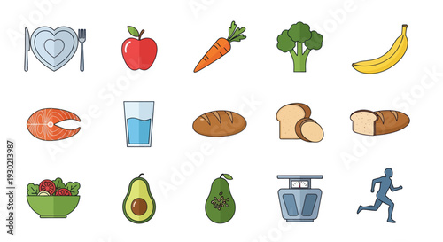 Colorful Healthy Food Icons Representing Balanced Diet and Nutrition.