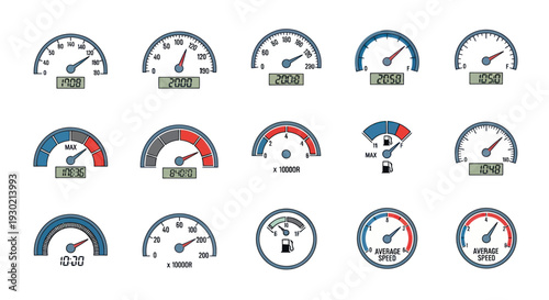 Collection of Various Speedometer and Gauge Designs with Needles and Digital Displays.