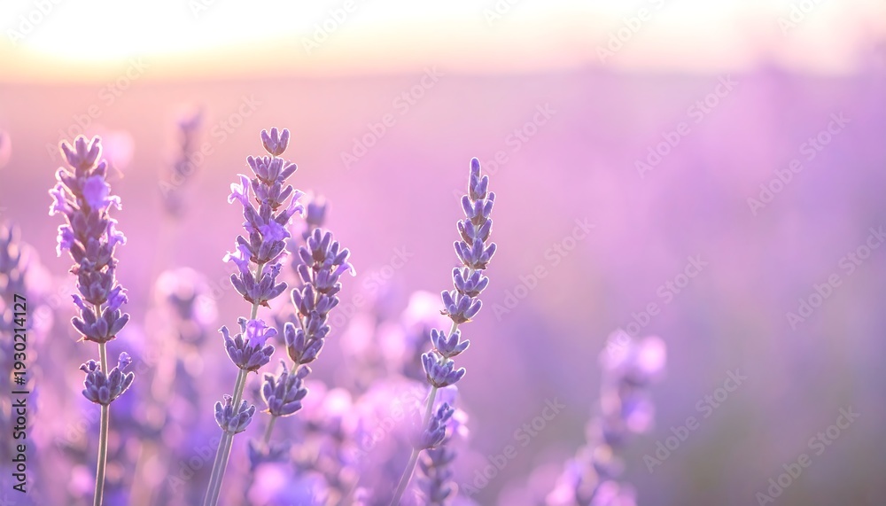 Obraz premium Lavender field at serene sunset hour.