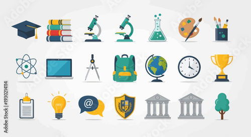 A colorful collection of flat design icons representing various school university and education subjects.