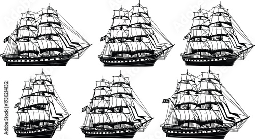 Six classic sailing ships with multiple masts and sails in detailed black and white line art illustration, maritime vessel design for history, education, nautical, and artistic concepts