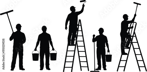 Silhouetted workers performing cleaning and painting tasks with ladders, buckets, squeegees, and mops isolated on white background, labor maintenance illustration for construction, service, 