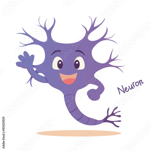 Cute cartoon neuron character illustration in purple color with dendrite branches and axon, smiling happily while waving, with a simple, clean, and minimal plain background