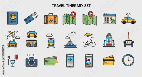 Colorful line art icon set for travel tourism and vacation itinerary planning.